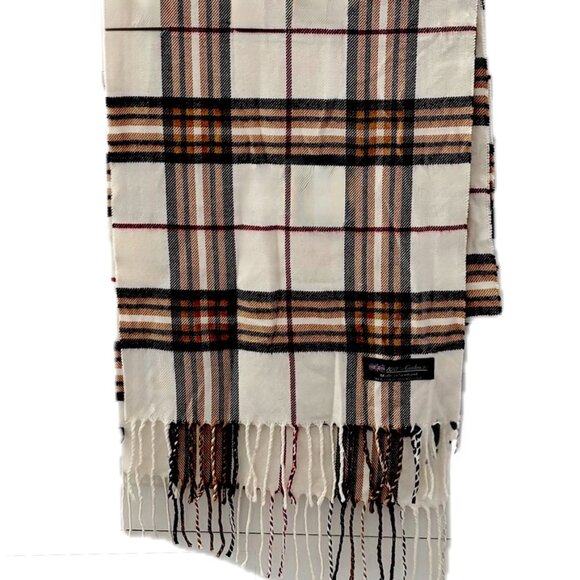 😊100% Cashmere Scarf Classic Scottish Plaid Ivory/Tan/Black/RedUnisex NWOT - Picture 2 of 7